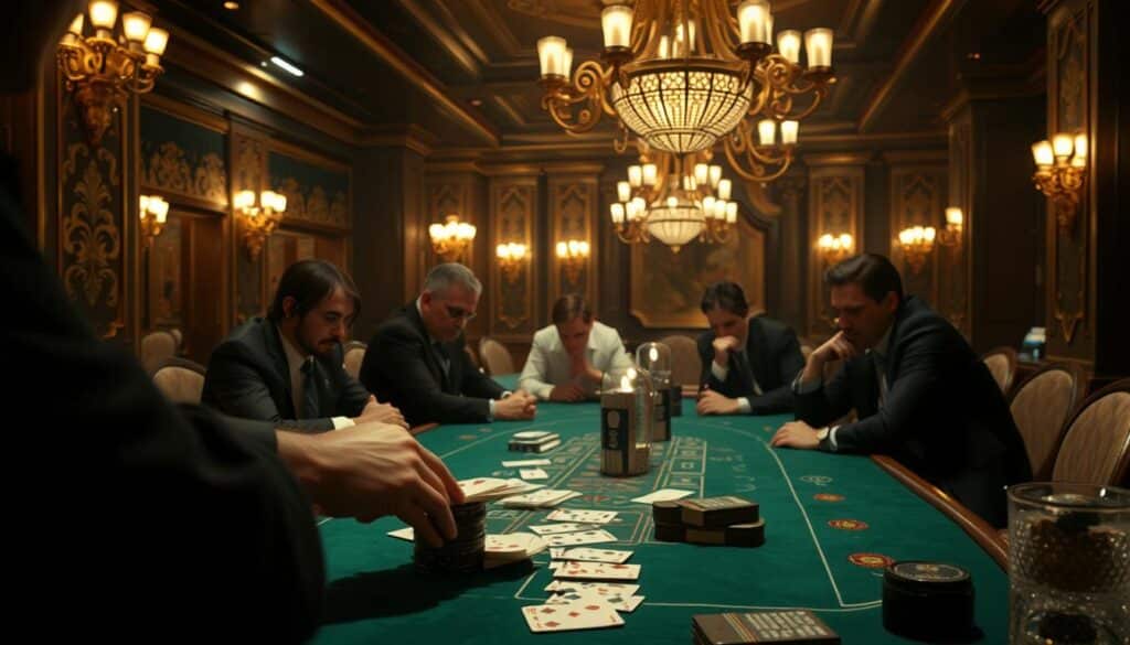 A dimly lit casino interior, the green felt of a baccarat table taking center stage. In the foreground, a dealer's hands deftly shuffle a deck of cards, the rhythmic motion captivating onlookers. The middle ground features players leaning in, their faces illuminated by the warm glow of overhead chandeliers, expressions focused as they strategize their next move. In the background, a lush, opulent ambiance sets the scene, ornate gold accents and rich tapestries hinting at the high-stakes world of baccarat. The overall atmosphere conveys a sense of tension and anticipation, as the game unfolds with precision and skill.