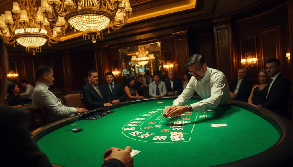 A dimly lit casino interior, the green felt of a baccarat table taking center stage. Ornate chandeliers cast a warm glow, illuminating the elegant décor and well-dressed patrons. In the foreground, a dealer in a crisp white shirt expertly shuffles the cards, explaining the basic rules of the game to a group of attentive players. The table is pristine, with clearly delineated areas for the player, banker, and tie bets. An air of anticipation and concentration permeates the scene, as the players eagerly await the reveal of the cards that will determine the outcome of the round. The overall atmosphere is one of refined sophistication, capturing the essence of the classic casino experience.