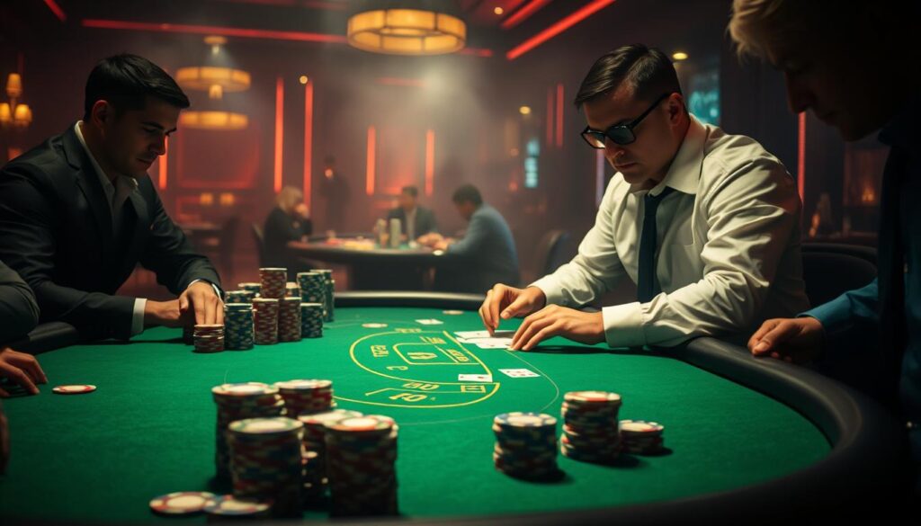 A dimly lit casino interior, the green felt of a baccarat table taking center stage. Stacks of chips in various denominations are arranged meticulously, representing the careful management of funds. The dealer, clad in a crisp white shirt, deals the cards with practiced precision, while players lean in, their expressions a mix of focus and anticipation. The background is hazy, suggesting the atmosphere of risk and excitement that permeates the room. The lighting is subtle, creating dramatic shadows and highlighting the intensity of the game. The overall scene conveys the importance of disciplined bankroll management in the high-stakes world of baccarat, where a single misstep can have profound consequences.