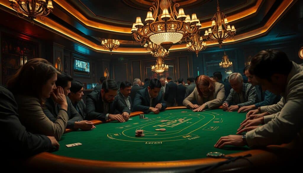 A dimly lit casino interior, the green felt of a baccarat table taking center stage. The table is adorned with ornate golden trim, casting a warm glow across the scene. Players lean in intently, their faces a study in concentration as they contemplate their next move. The air is thick with anticipation, the clinking of chips and the hushed murmurs of the crowd creating a palpable sense of excitement. In the background, the grand chandeliers above provide a soft, diffused illumination, lending an air of sophistication to the proceedings. The whole scene conveys a sense of mastery and control, hinting at the strategic depth required to elevate one's baccarat gameplay.