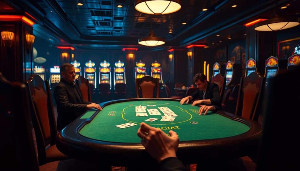 A dimly lit casino interior, the green felt table of a Baccarat game in the foreground. Elegant wooden chairs surround the table, their occupants' hands poised, studying the cards. Warm lighting casts shadows, creating an atmosphere of focused concentration. In the background, a row of slot machines glitters, hinting at the broader gaming experience. The scene conveys the strategic and sophisticated nature of Baccarat, with players immersed in the nuances of the game's techniques and tactics.