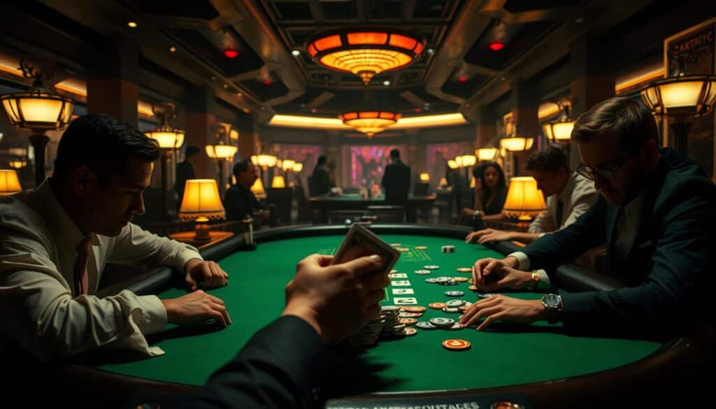 A dimly lit casino interior, the green felt table of a Baccarat game taking center stage. Softly glowing table lamps cast a warm glow, while the background is filled with the subtle chatter of players and the gentle clinking of chips. The dealer's hands deftly shuffle the cards, their movements precise and experienced. The players lean in, their expressions focused, as they study the unfolding game, seeking to uncover the subtle strategies and techniques that could sway the odds in their favor. The atmosphere is one of quiet intensity, where the pursuit of winning is balanced by the thrill of the game.