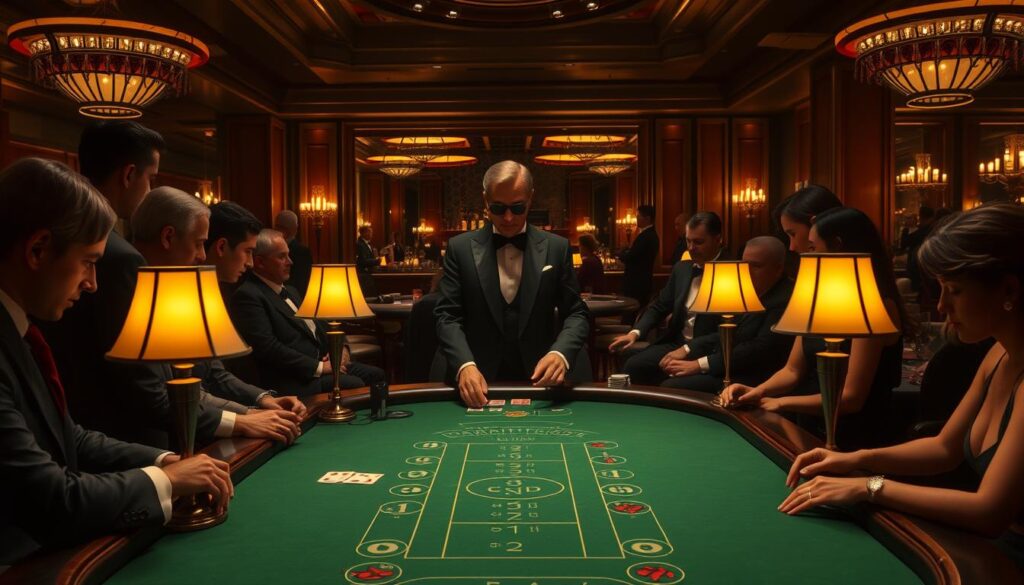 A dimly lit casino interior, the green felt table of a baccarat game commanding the foreground. Elegant patrons in formal attire gathered around, their faces illuminated by the warm glow of table lamps. The dealer, dressed in a sharp tuxedo, stands at the ready, cards in hand, as the players eagerly await the start of the game. In the background, a luxurious bar and lounge area set the mood, with rich mahogany furniture and a mirrored wall reflecting the scene. A sense of anticipation and high-stakes excitement permeates the air, creating an atmosphere of sophistication and exclusivity.