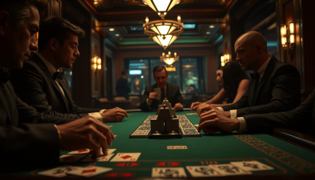 A dimly lit casino interior, the green felt table of a baccarat game in the foreground. Cards are being dealt, the dealer's hands in focus, while players' hands are obscured in the background. The lighting is warm and atmospheric, creating a sense of tension and concentration. The table is framed by elegant wood paneling and subtle Art Deco accents, conveying the timeless sophistication of the game. The players' expressions are serious, their gaze fixed on the unfolding cards, as they strategize their next move. An air of calculated risk and potential reward permeates the scene.