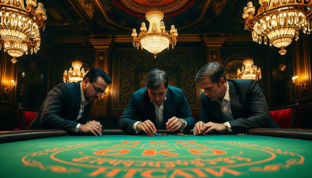 A dimly lit casino interior, the green felt table of a baccarat game visible in the foreground. Elegant chandeliers cast a warm glow, creating an atmosphere of anticipation and strategizing. In the middle ground, players lean intently over the table, their expressions intense as they study the cards and chips. The background features the ornate decor of the gaming hall, hinting at the grandeur and exclusivity of the establishment. Soft shadows and highlights accentuate the textures of the wood, velvet, and crystal, evoking a sense of refined sophistication. The overall scene conveys the tactical nature of baccarat, where experienced players leverage their knowledge and intuition to gain an edge.