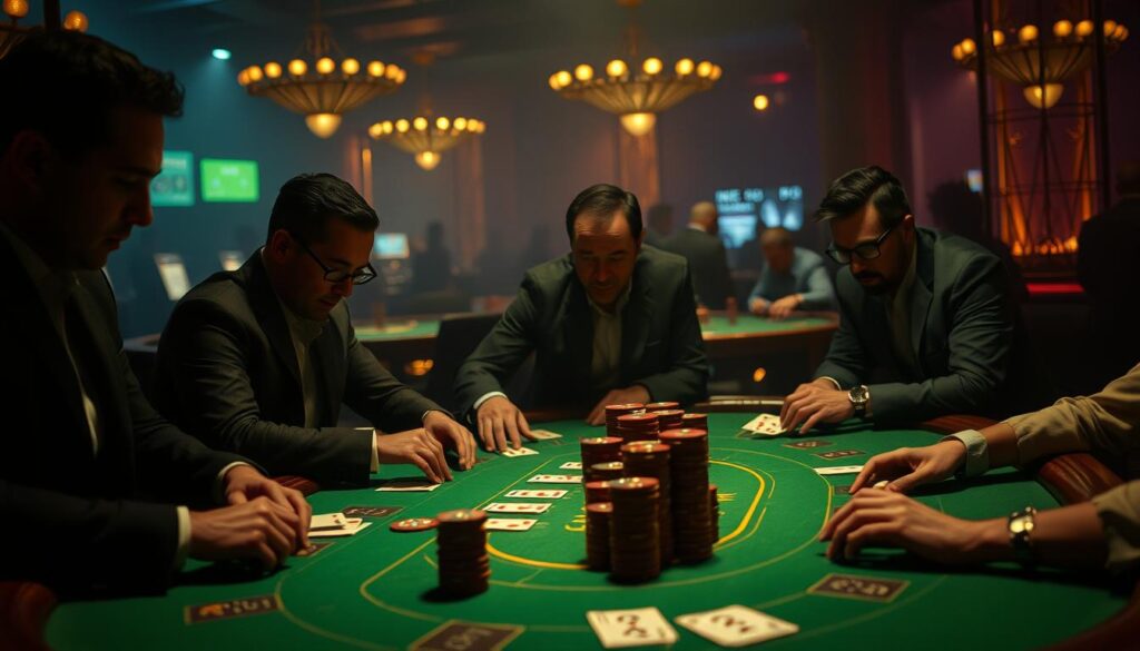A dimly lit casino interior, the green felt tabletop of a baccarat table illuminated by soft, warm lighting. Cards are being dealt, chips are stacked, and players lean in with intent expressions, deep in concentration as they strategize their next moves. The background is hazy, with the faint silhouettes of other gaming tables and patrons, creating an atmosphere of high-stakes excitement and calculated risk. The composition emphasizes the table's centerpiece, drawing the viewer's eye to the heart of the action, where the art of baccarat unfolds.