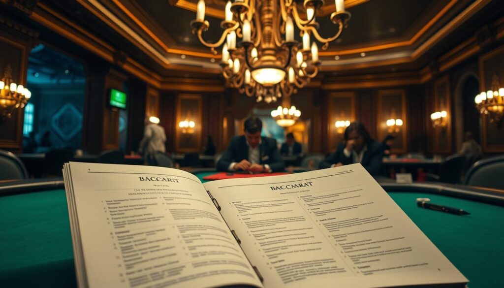 A dimly lit casino interior, the ornate chandelier casting a warm glow over the green felt table. In the foreground, a neatly printed rulebook lies open, showcasing the step-by-step instructions for Baccarat, the classic card game. The middle ground features players intently studying the layout, their faces illuminated by the soft lighting. In the background, the hushed atmosphere is punctuated by the occasional clink of chips and murmur of conversation. The scene conveys the intellectual challenge and excitement of this timeless game of chance, inviting the viewer to immerse themselves in the rules and strategies of Baccarat.