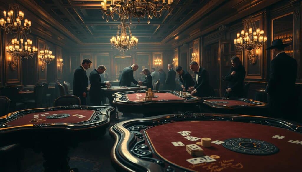 A dimly lit casino interior, the rich history of Baccarat unfolds. In the foreground, antique gaming tables with ornate carvings stand as silent witnesses to the game's evolution. Scattered across the tabletops, worn playing cards and stacks of golden chips hint at the high-stakes drama that has unfolded here over the centuries. In the middle ground, elegantly dressed patrons lean in, their faces cast in the warm glow of chandeliers overhead, captivated by the rhythm of the cards. Beyond, the background recedes into shadows, suggesting the game's mysterious origins, tracing its roots back through the mists of time. A sense of timelessness pervades the scene, where the past and present converge in the timeless allure of Baccarat.