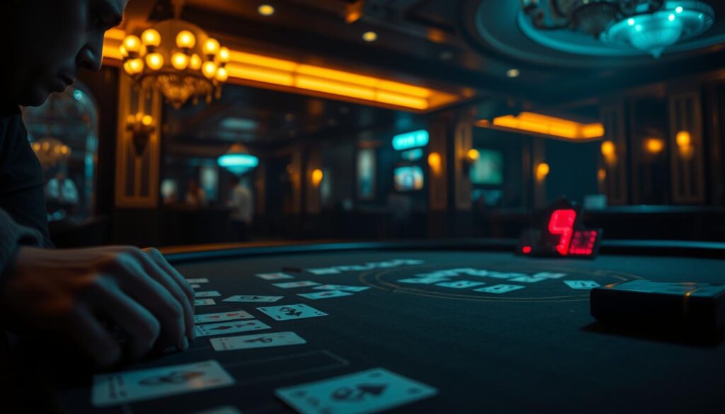 A dimly lit casino interior, the table bathed in warm, muted lighting. Perched over the baize, a hand carefully scrutinizes the cards, meticulously charting the pattern of the deal. Lining the table, a series of telltale symbols and annotations, a complex web of insights distilled from keen observation. The player's face is shrouded in shadow, intense focus etched on their features as they ponder the next move, leveraging the nuances of the "牌路" to gain an edge in the game of Baccarat. A study in strategy and calculated risk, the scene evokes the thrill of mastering the subtle art of "看路技巧".