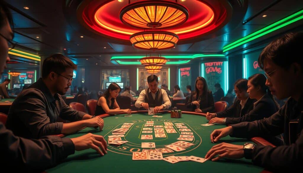 A dimly lit casino interior, the warm glow of green felt tables and softly pulsing neon lights casting a hypnotic ambiance. In the foreground, a group of intently focused players engaged in a game of baccarat, fingers delicately caressing the cards as they study the unfolding probabilities. In the middle ground, the dealer presides over the proceedings, their practiced hands shuffling and dealing with practiced precision. In the background, the hum of chatter and the occasional cheer as wins are celebrated, creating an immersive atmosphere of high-stakes excitement. The scene evokes the thrill and allure of the rise of online baccarat, a new era of casino gaming accessible to players across Taiwan.
