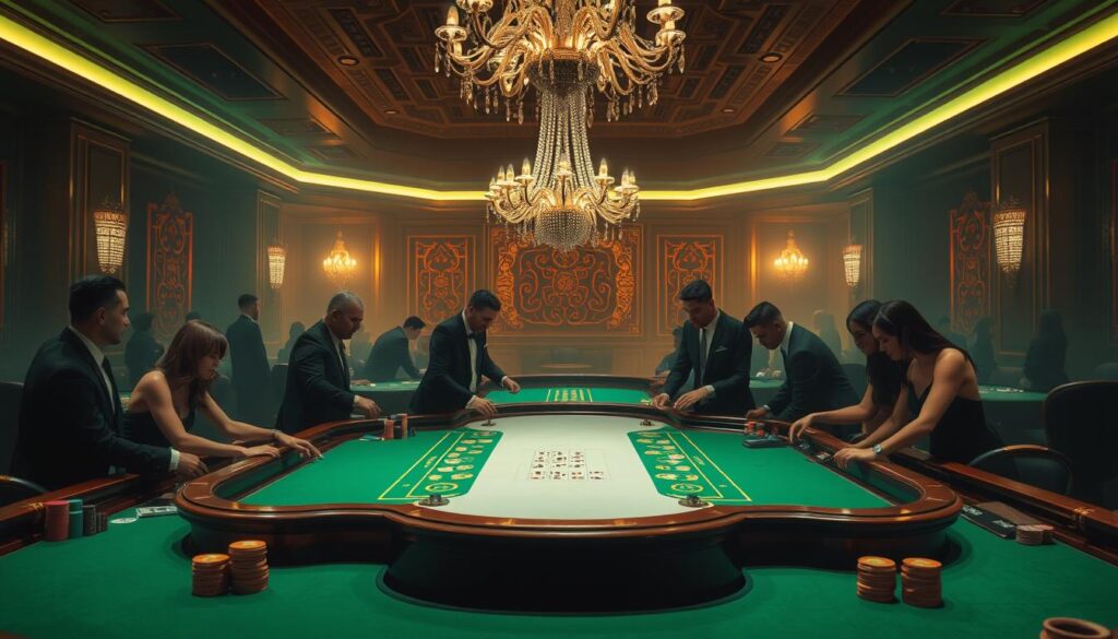A dimly lit casino interior, the warm glow of green felt tables casting a hazy ambiance. At the center, a baccarat table in the classic style, with elegant wooden trim and a crisp white felt surface. Dealers in sharp uniforms stand at the ready, their hands poised to deal the cards. Around the table, players lean in, their faces a mix of concentration and anticipation, chips and stacks of currency lining the edges. Overhead, a grand crystal chandelier casts a soft, inviting light, creating an atmosphere of refined sophistication. The scene evokes the thrill and elegance of the baccarat gaming experience.