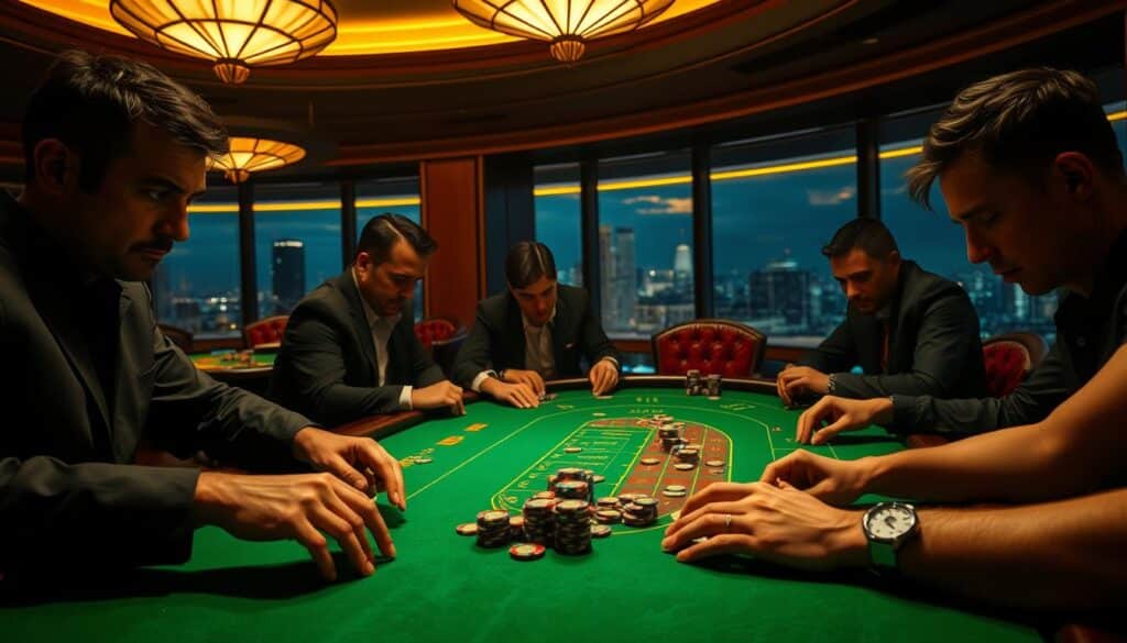 A dimly lit casino interior, the warm glow of overhead lights casting a soft ambiance. In the foreground, a green baize table dominates the scene, surrounded by players deep in concentration, their faces etched with intensity as they contemplate their next move. Hands hover over chips, strategically placing bets, the air thick with anticipation. In the background, a panoramic view of the city skyline visible through large windows, a testament to the high-stakes nature of the game. The composition highlights the strategic nature of the gameplay, the players' expressions conveying the thrill and challenge of navigating the complex web of probabilities and odds that define the game of Baccarat.