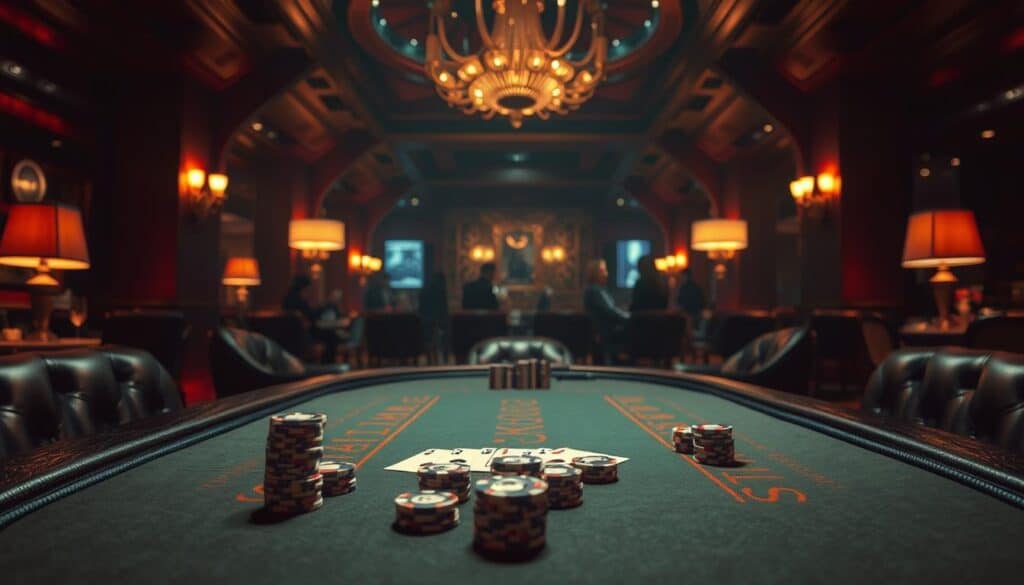 A dimly lit casino interior, the warm glow of table lamps casting a cozy ambiance. On the center table, a deck of cards and casino chips await players, inviting them to engage in the thrilling game of baccarat. The table is surrounded by plush chairs, creating an atmosphere of sophistication and exclusivity. In the background, the faint sounds of clinking glasses and low chatter can be heard, adding to the allure of the online casino experience. The scene is captured through a medium-wide angle lens, emphasizing the immersive nature of the setting. Overall, the image conveys the allure of online baccarat, a game of chance and strategy that captivates players seeking the thrill of the casino from the comfort of their own homes.