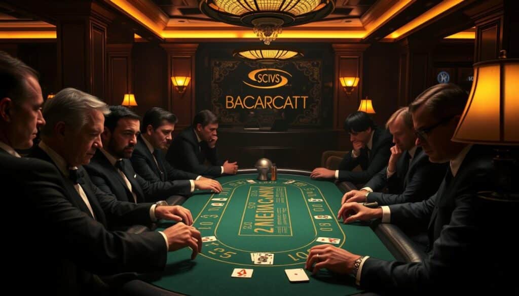 A dimly lit casino interior, the warm glow of table lamps casting an inviting atmosphere. At the center, a baccarat table, the green felt surface reflecting the players' intense expressions. Surrounding the table, figures in formal attire, their faces a study in concentration, intrigue, and the thrill of the game. The scene captures the psychological tension of baccarat, where luck and skill intersect, players' emotions fluctuating between optimism and trepidation. Subtle shadows accentuate the drama, while a sense of mystery pervades the space, hinting at the complex decision-making processes unfolding in the players' minds.