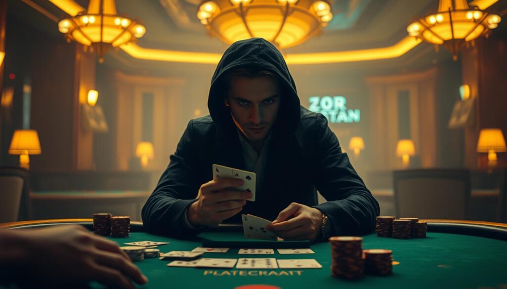 A dimly lit casino interior, the warm glow of table lamps illuminating the green felt of a baccarat table. Cards are dealt with precision, chips are stacked high, and the air is thick with anticipation. In the center, a player studies the cards intently, their face half-obscured by shadow, contemplating the next move that could unlock the secrets to winning at this time-honored game. The background is hazy, the focus solely on the table and the player's intense concentration, capturing the essence of the "百家樂贏錢秘訣" – the strategic mastery required to emerge victorious.