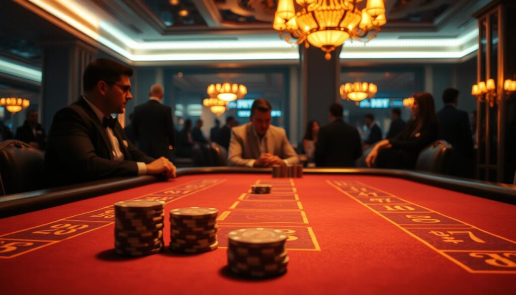 A dimly lit casino interior, with a Baccarat table in the foreground, illuminated by warm, subtle lighting. On the table, chips in various denominations are neatly arranged, suggesting an ongoing game. In the background, the silhouettes of players can be seen, their expressions focused as they observe the action. The scene conveys a sense of strategy and contemplation, reflecting the "百家樂投注策略" as the players navigate the ebb and flow of the game.