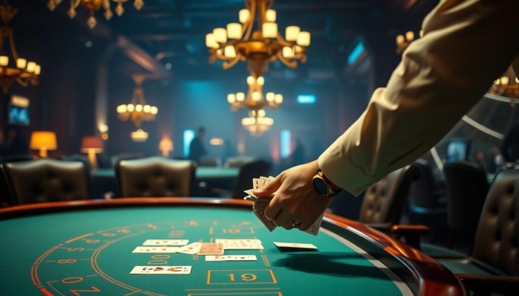 A dimly lit casino interior, with a baccarat table as the focal point. The table is covered in a green felt cloth, surrounded by leather-bound chairs. Soft lighting from overhead chandeliers casts a warm glow, highlighting the intricate wood detailing on the table's edges. In the foreground, a skilled dealer's hands deftly shuffle and deal the cards, their movements precise and experienced. The background is hazy, with the faint outlines of other gaming tables and patrons, creating a sense of atmosphere and immersion. The overall mood is one of elegance, strategy, and the subtle thrill of the game.
