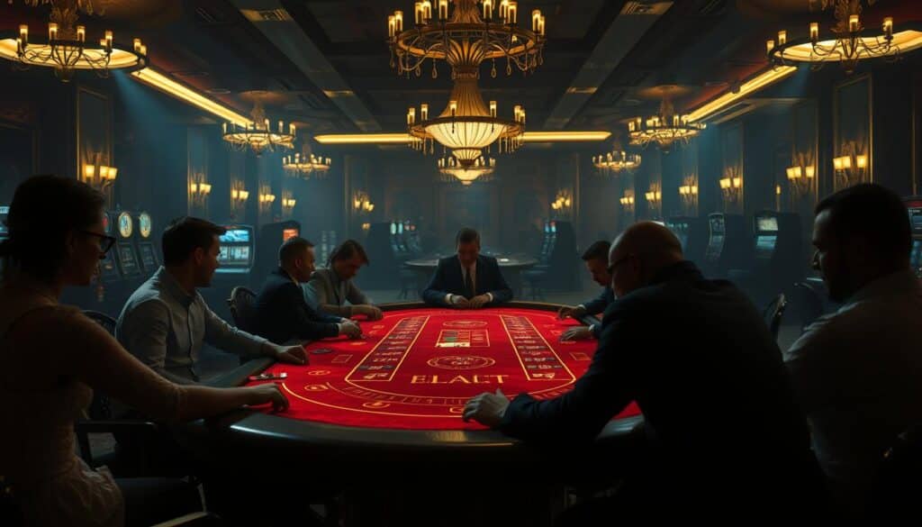 A dimly lit casino interior, with a baccarat table as the focal point. The table is surrounded by players engrossed in the game, their expressions tense and focused. The table is illuminated by a soft, warm glighting, creating an atmospheric and mysterious ambiance. In the background, subtle details of the casino environment, such as lush fabrics, ornate chandeliers, and the faint sounds of slot machines, add to the immersive experience. The image conveys the strategic nature of baccarat, with the players' body language and the table's layout suggesting the calculated decision-making involved in the game.