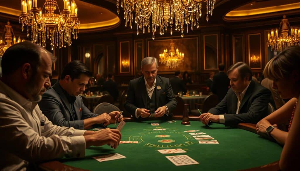 A dimly lit casino interior, with a baccarat table at the center. Cascading chandeliers cast a warm, golden glow, illuminating the table's green felt surface. Experienced players intently study their cards, their faces etched with concentration. A veteran croupier stands poised, ready to expertly deal the cards and guide the game. In the background, the muted chatter of other patrons creates an atmosphere of hushed anticipation. The scene conveys the refined elegance and strategic intensity of the baccarat experience, inviting the viewer to envision the careful planning and calculated decisions that lead to success at the table.