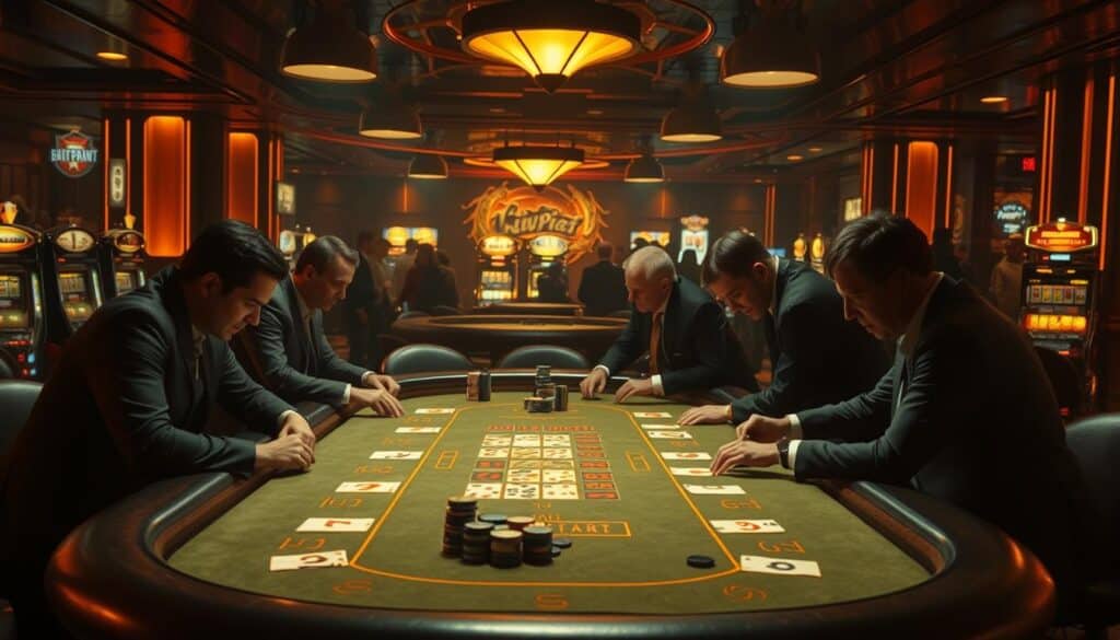 A dimly lit casino interior, with a baccarat table at the center. The felt surface gleams under warm, golden lighting, inviting players to strategize their moves. Around the table, shadowy figures lean in, analyzing the patterns of cards and chips. The atmosphere is one of concentration and anticipation, as seasoned gamblers contemplate their next plays. In the background, the hum of slot machines and the chatter of onlookers create a lively, yet focused backdrop. The scene captures the essence of the baccarat experience, where experienced players employ carefully crafted strategies to navigate the game's complexities and maximize their chances of success.