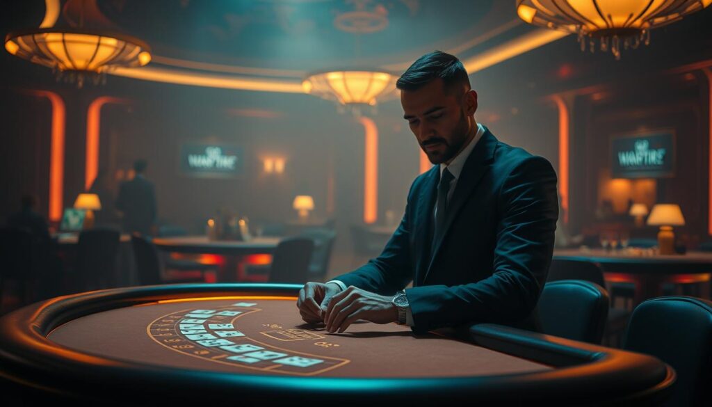 A dimly lit casino interior, with a baccarat table at the center. The table is bathed in warm lighting, creating a sense of excitement and anticipation. At the table, a confident player, dressed in a sharp suit, is carefully studying the cards, their face a mask of intense concentration. The background is hazy, with the faint outlines of other gaming tables and patrons in the periphery, adding to the atmosphere of a high-stakes game. The camera angle is slightly elevated, giving the viewer a sense of participation in the action unfolding before them.