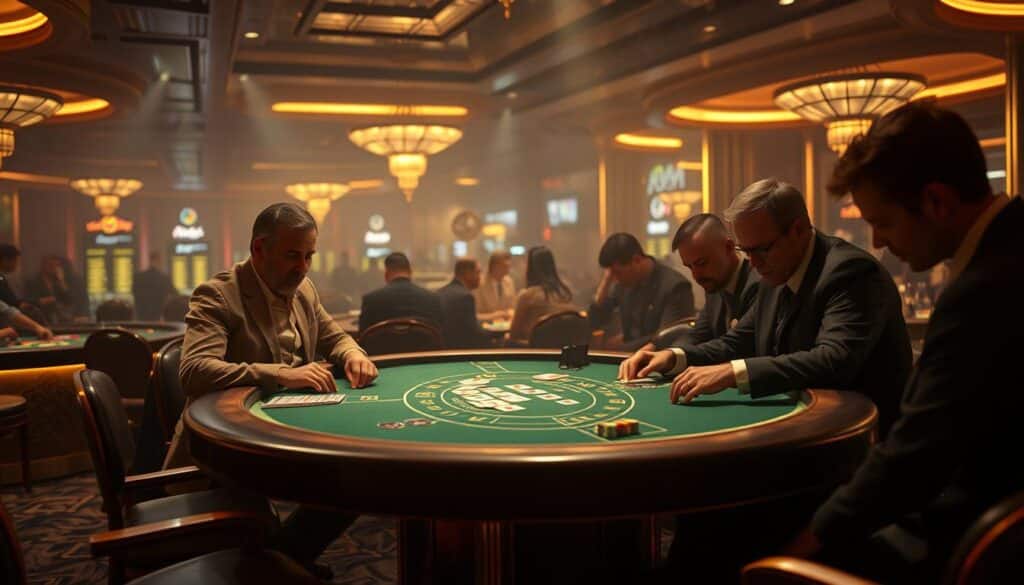 A dimly lit casino interior, with a baccarat table at the center. The table is illuminated by warm, golden lighting, casting a serene glow over the green felt surface. Experienced players, dressed in formal attire, study the cards intently, their faces reflecting the tension and excitement of the game. The background is hazy, with the faint outlines of other gaming tables and the bustling activity of the casino floor. The focus is on the baccarat table, capturing the essence of the strategic and calculated nature of the game.