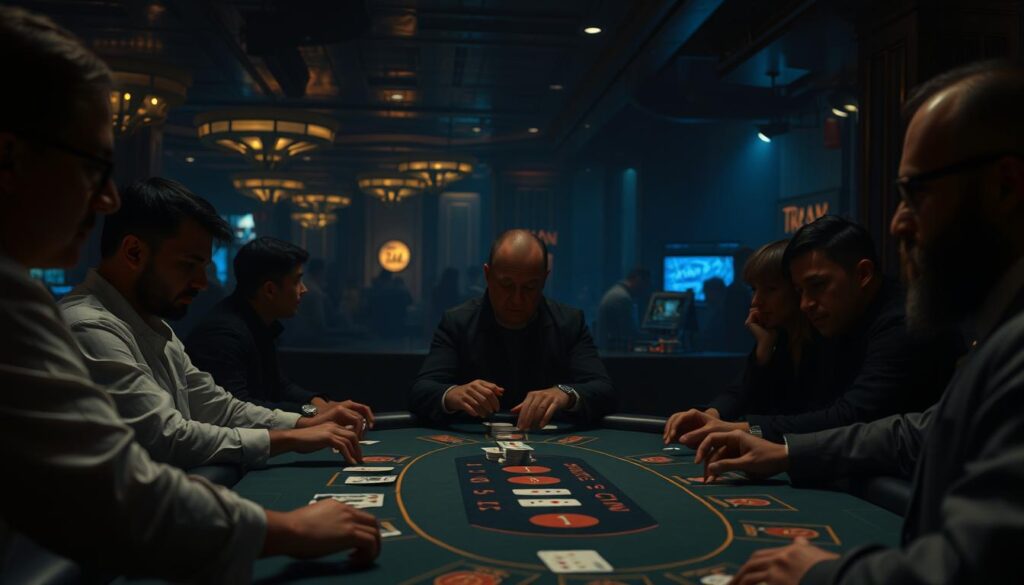 A dimly lit casino interior, with a baccarat table at the center. The table is surrounded by players intently focused on the cards being dealt, their expressions a mix of concentration and anticipation. The lighting casts dramatic shadows, creating an air of mystery and intrigue. In the background, the faint sound of chips clinking and the murmur of conversation can be heard, adding to the atmosphere. The overall scene conveys the intensity and excitement of the baccarat gaming experience, inviting the viewer to immerse themselves in the strategic thinking and calculated risks that define this classic casino game.