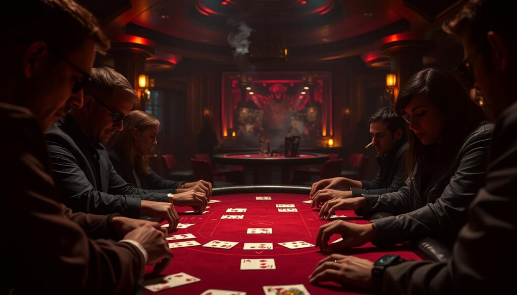 A dimly lit casino interior, with a baccarat table at the center. The table is surrounded by a handful of players, their faces etched with a mixture of concentration and anticipation. The lighting is warm and moody, casting dramatic shadows across the scene. The players' hands move with practiced precision as they place their bets, their eyes fixed on the cards being dealt. In the background, a faint haze of cigarette smoke lingers, adding to the atmosphere of a high-stakes game. The overall mood conveys the intensity and excitement of the baccarat experience, as the players seek to outwit the house and claim their winnings.