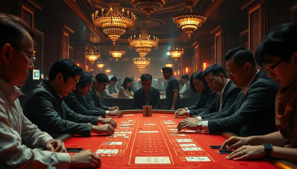 A dimly lit casino interior, with a baccarat table in the foreground bathed in a warm, amber glow. The table is surrounded by focused, serious-faced players intently studying their cards. In the middle ground, a group of spectators observe the game, their expressions a mix of excitement and contemplation. In the background, a hazy ambiance of chandeliers and ornate decor evokes the atmosphere of a high-end gaming establishment. The scene captures the captivating essence of the baccarat experience, reflecting the delicate balance between luck and strategy that Taiwanese players grapple with in their gaming journeys.