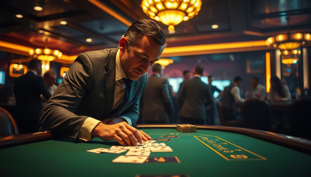 A dimly lit casino interior, with a baccarat table in the foreground. A well-dressed man leans over the table, studying the cards intently. Soft, warm lighting casts a contemplative glow, highlighting the player's expression of focused concentration. The table's green felt surface reflects the scene, creating a sense of depth and perspective. In the background, other players huddle around the table, creating a sense of anticipation and strategy. The overall atmosphere conveys the strategic nature of the game, with the player's careful consideration of the "補牌策略" playing a central role in the scene.