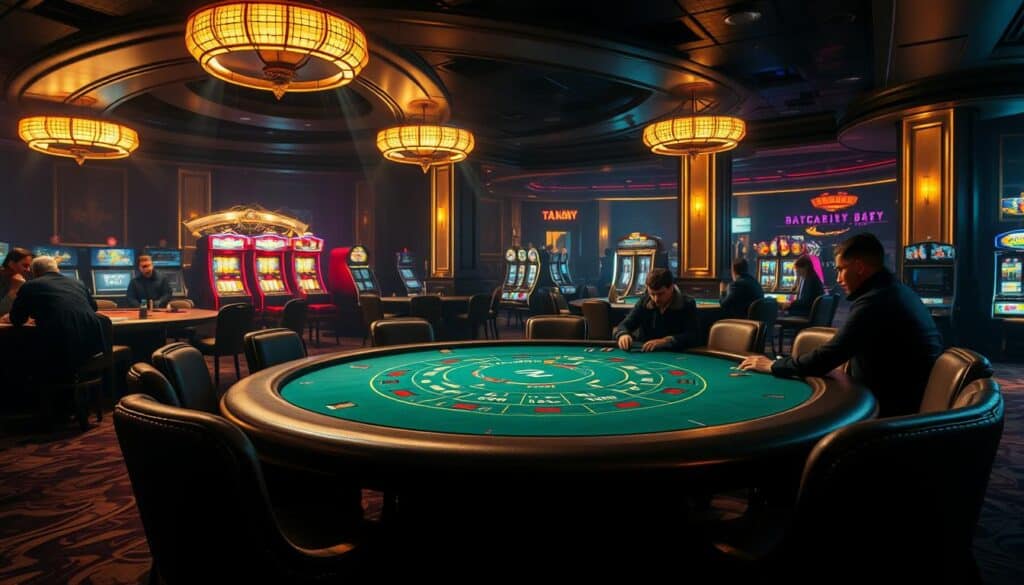 A dimly lit casino interior with a baccarat table in the foreground. The table has a green felt surface and is surrounded by plush chairs. Players are seated around the table, intensely focused on the game. The lighting is warm and atmospheric, creating dramatic shadows and highlights. In the background, there are other gaming tables and slot machines, hinting at the bustling activity of the casino. The overall mood is one of strategic contemplation, high stakes, and the thrill of the game.