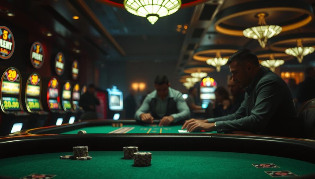 A dimly lit casino interior, with a baccarat table in the foreground. The table is adorned with a luxurious green felt surface, and the chips and cards are meticulously arranged. In the background, the faint glow of slot machines and the chatter of players create an atmosphere of anticipation and excitement. The lighting is warm and moody, with shadows casting an air of mystery and psychological tension. The players' faces are obscured, emphasizing the importance of mental discipline and strategic thinking in the game of baccarat. The composition draws the viewer's attention to the table, inviting them to consider the delicate balance between emotion and strategy in the pursuit of gaming success.