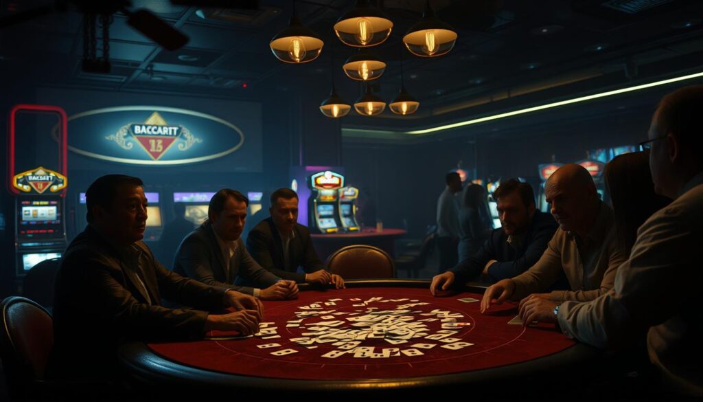 A dimly lit casino interior, with a baccarat table in the foreground. The table is surrounded by tense, anxious players, their faces etched with concern. Shadows cast by the low-hanging lights create an atmosphere of uncertainty. On the table, the cards are scattered, suggesting a game in disarray. In the background, the faint glow of slot machines and the muted chatter of other gamblers create a sense of distraction and commotion. The overall scene conveys the consequences of common baccarat mistakes, with the players' body language and the table's disorder hinting at the emotional and financial impact of poor strategic decisions.