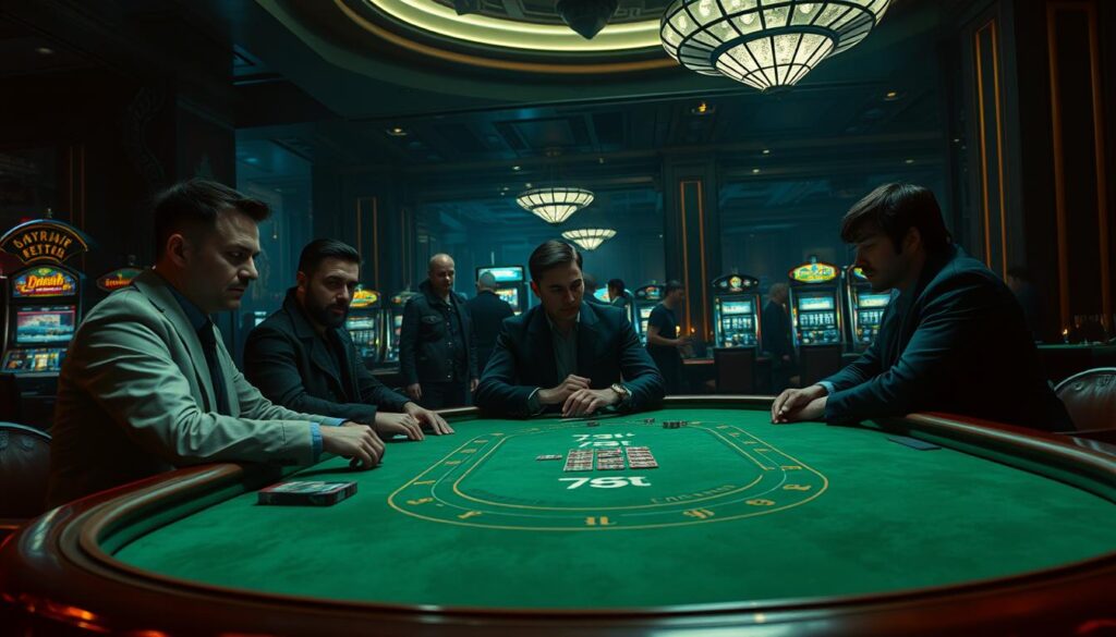 A dimly lit casino interior, with a baccarat table in the foreground. The table surface is a rich green felt, with ornate wooden edges. Across the table, a group of focused players deliberate their next move, their expressions a mix of determination and excitement. The lighting casts dramatic shadows, creating a sense of tension and anticipation. In the background, the faint glow of slot machines and the murmur of conversation add to the atmospheric ambiance of the casino. The scene conveys the strategic nature of baccarat gameplay, with the players carefully considering their betting strategies and odds.