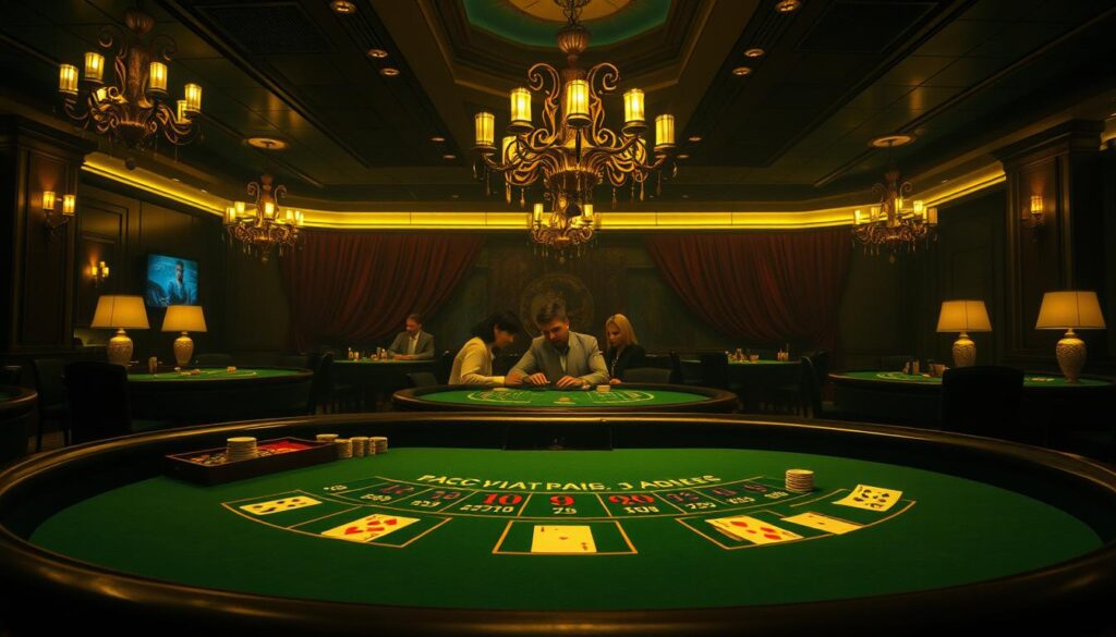 A dimly lit casino interior, with a baccarat table prominently displayed in the foreground. The table is adorned with elegant green felt, and the cards and chips are arranged with precision. In the middle ground, a group of players engaged in intense concentration, their faces illuminated by the warm, golden lighting overhead. In the background, a sense of subtle opulence, with ornate chandeliers and rich, burgundy draperies, creating an atmosphere of refined sophistication. The scene conveys the strategic nature of baccarat gameplay, with a focus on the players' decision-making and the allure of the casino environment.