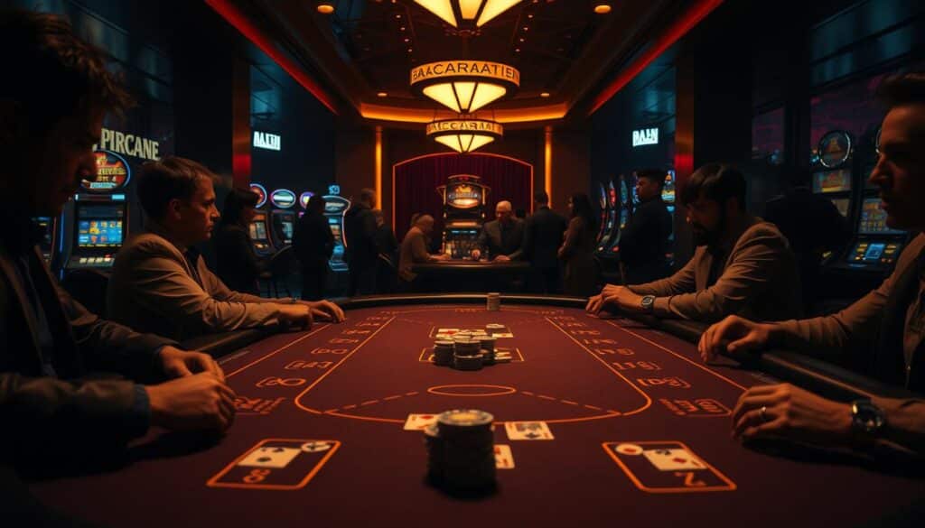 A dimly lit casino interior, with a baccarat table prominently featured in the center. The table is surrounded by attentive players, their faces partially obscured in the shadows. The lighting is moody, with a warm amber glow casting a mysterious atmosphere. The table itself is pristine, with stacks of chips and playing cards neatly arranged. In the background, the faint sounds of slot machines and muted conversation can be heard, creating a sense of anticipation and focus. The overall composition suggests a strategic and contemplative approach to the game, hinting at the "secrets" to increasing one's odds of success.