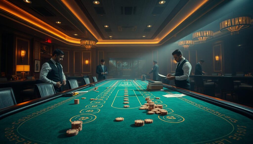 A dimly lit casino interior, with a baccarat table taking center stage. The green felt surface is adorned with intricate patterns, representing the "jifang" or game patterns. Wooden chips are scattered across the table, signifying the ongoing gameplay. Dealers in crisp uniforms stand at the ready, anticipating the next round. The air is thick with tension and concentration as players study the "lu paper," analyzing the game's history and trends. Soft, warm lighting casts dramatic shadows, creating an atmosphere of strategic contemplation. A sense of focus and determination permeates the scene, as the participants navigate the nuances of this time-honored casino game.