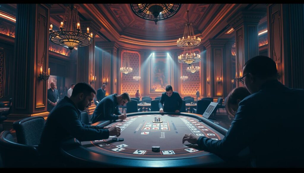 A dimly lit casino interior, with a centered baccarat table surrounded by elegant decor and subtle lighting. The table surface is pristine, with cards and chips expertly arranged. Players lean in, their faces obscured by shadow, engrossed in the game. Towering columns and ornate chandeliers create an atmosphere of sophisticated gameplay. The room is bathed in a warm, amber glow, evoking a sense of anticipation and potential fortune. Cameras angled to capture the action, while maintaining a sense of mystery and exclusivity. The overall scene conveys the thrill and allure of online baccarat, where skilled players can triumph against the odds.