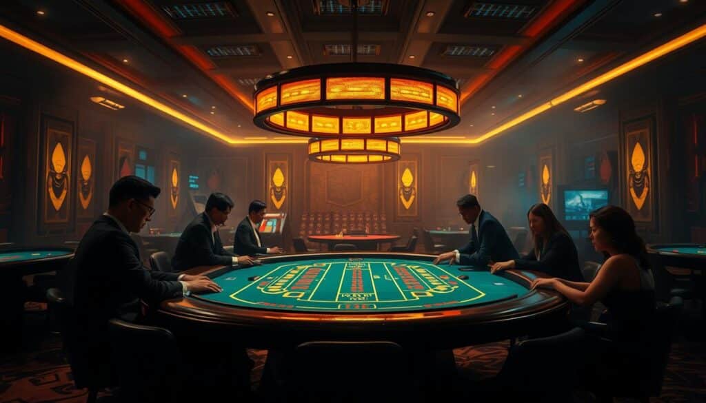 A dimly lit casino interior, with a central baccarat gaming table illuminated by warm overhead lighting. The table is surrounded by a few elegantly dressed players, their expressions focused as they place their bets. The background is hazy, with subtle hints of ornate decor and rich fabrics, suggesting an air of exclusivity and high-stakes gaming. The scene conveys a sense of sophisticated glamour and intensity, capturing the essence of the baccarat gaming experience within the confines of Taiwan's regulatory environment.