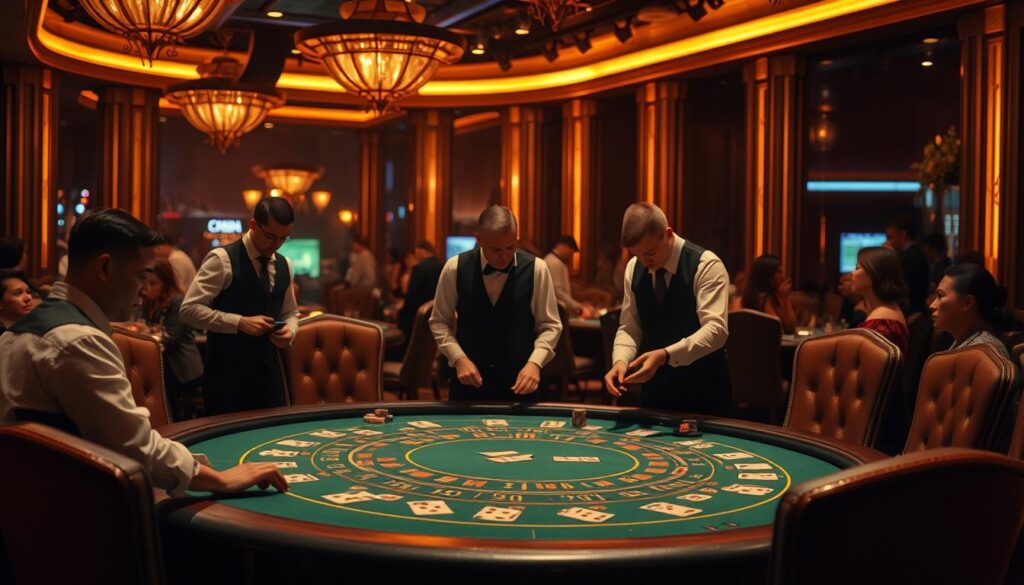 A dimly lit casino interior, with a central baccarat table bathed in warm, golden light. The table is adorned with green felt, surrounded by plush, high-backed chairs. Dealers in crisp, white shirts and black vests move with practiced precision, shuffling cards and handling chips. The background is a blur of activity, with the faint sound of clinking glasses and whispered conversation. The atmosphere is one of sophisticated excitement, inviting the viewer to immerse themselves in the captivating game of baccarat.