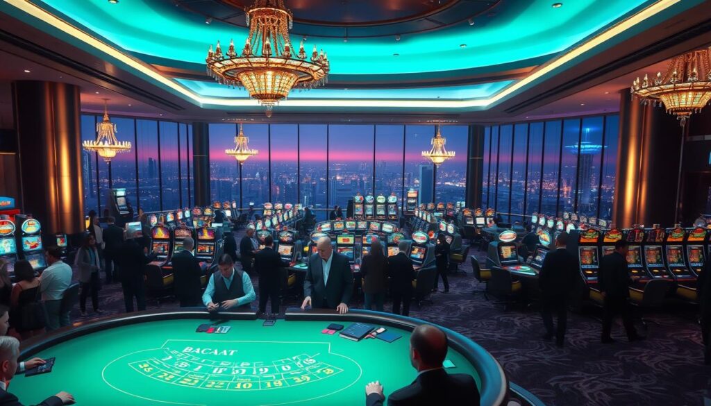 A dimly lit casino interior, with a central baccarat table in the foreground. The table is surrounded by well-dressed patrons engaged in the game, their faces illuminated by the soft glow of the green felt surface. In the middle ground, a panoramic view of the casino floor, with rows of slot machines and gaming tables, all bathed in a warm, inviting ambiance. The background features a sleek, modern design, with elegant chandeliers and floor-to-ceiling windows offering a glimpse of the bustling city outside. The overall scene conveys a sense of sophistication, excitement, and the thrill of high-stakes gambling.