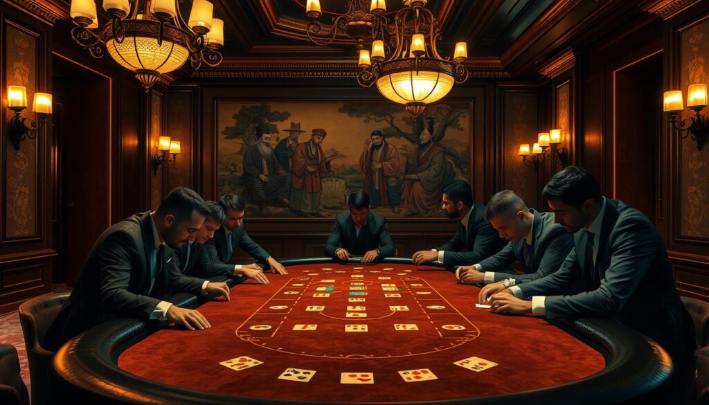 A dimly lit casino interior with a central baccarat table, surrounded by elegant wood-paneled walls and plush velvet furnishings. Ornate chandeliers cast a warm glow, illuminating the felt-topped table where cards are dealt with precision. Smartly dressed players lean over the table, their expressions intense as they place their bets. In the background, a mural depicting ancient Chinese scholars and sages hints at the game's rich history and cultural significance. The atmosphere is one of sophisticated leisure, the air thick with anticipation and the allure of chance. A sense of timelessness pervades the scene, connecting the present to the centuries-old traditions of this beloved casino game.