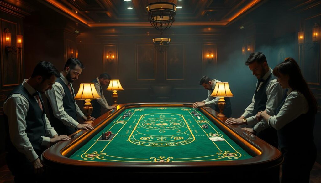 A dimly lit casino interior, with a central baccarat table taking center stage. The green felt surface is adorned with intricate gold detailing, while the wooden table legs and trim exude an air of sophistication. Dealers in crisp white shirts and black vests stand ready, overseeing the game with a keen eye. Players lean in, their faces illuminated by the warm glow of the table lamps, deep in concentration as they strategize their next moves. In the background, a hazy atmosphere created by subtle lighting and the faint scent of cigars adds to the ambiance of the classic casino setting.