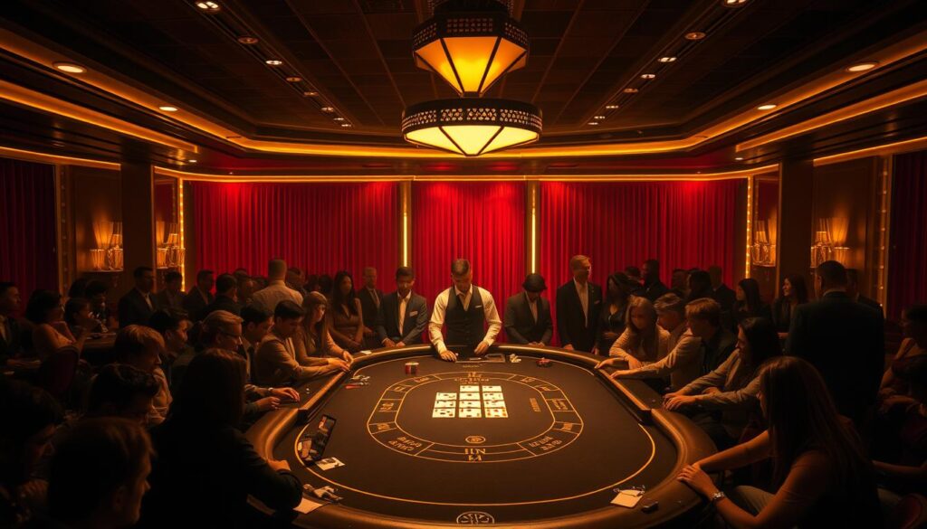 A dimly lit casino interior, with a centrally positioned baccarat table illuminated by warm overhead lighting. The felt-covered table is adorned with elegant gold trim, and card dealers in crisp uniforms stand at the ready. In the background, a backdrop of rich, burgundy curtains sets a sophisticated atmosphere. Players crowd around the table, their faces etched with concentration as they scrutinize the dealt cards. The scene exudes a sense of high-stakes excitement and anticipation, capturing the essence of the classic baccarat game.