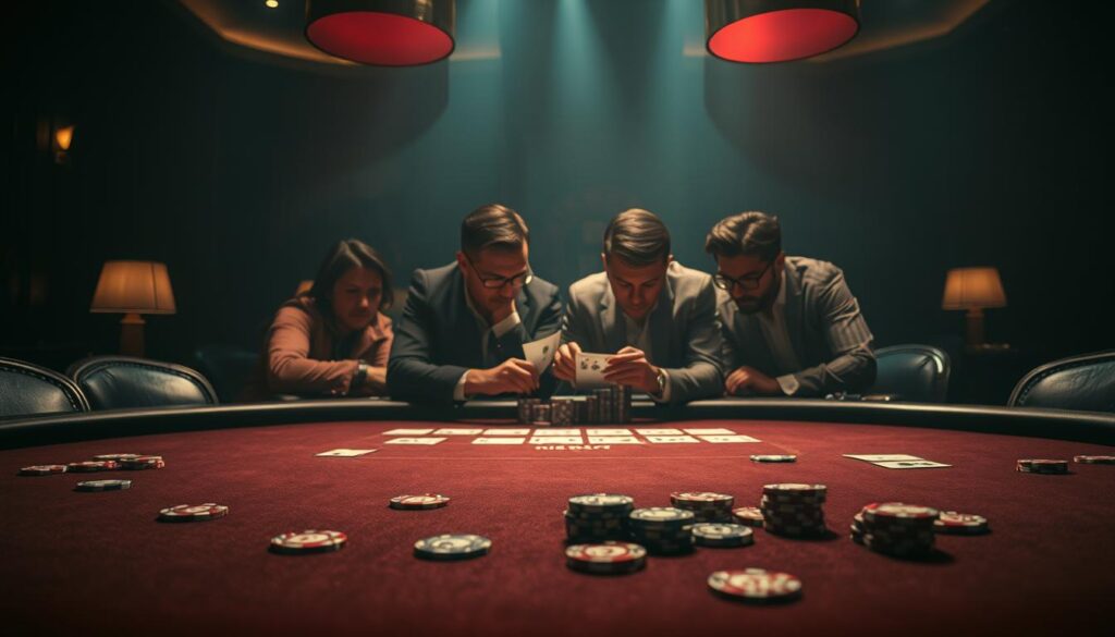 A dimly lit casino interior, with a felt-covered table in the foreground showcasing the classic game of Baccarat. Intricate casino chips in a variety of denominations are scattered across the table, hinting at the strategic play and calculated risks involved. In the middle ground, a group of focused players lean in, their expressions intense as they analyze the cards and make their bets. The background is obscured in shadow, creating a sense of mystery and the feeling of a high-stakes environment. Dramatic chiaroscuro lighting casts dramatic shadows, adding to the tension and atmosphere. The overall scene conveys the essence of navigating the complex strategies and techniques required to excel at casino games.