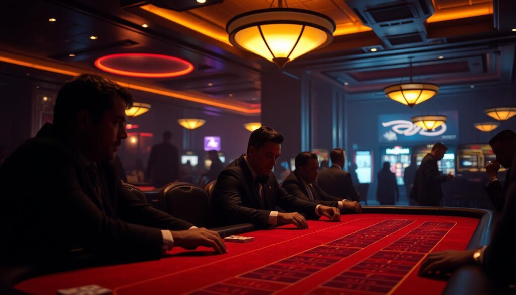 A dimly lit casino interior, with a felt-topped baccarat table in the foreground. The table is populated by players engaged in an intense game, their faces focused and expressions pensive. Overhead, a soft ambient light casts a warm glow, creating a sense of anticipation and strategic contemplation. In the background, the hazy silhouettes of other tables and gaming activity can be seen, adding to the immersive atmosphere of a high-stakes gambling establishment. The image conveys the serious nature of the "investment strategy" involved in baccarat, where players must carefully consider their bets and positioning to gain an edge over the house.