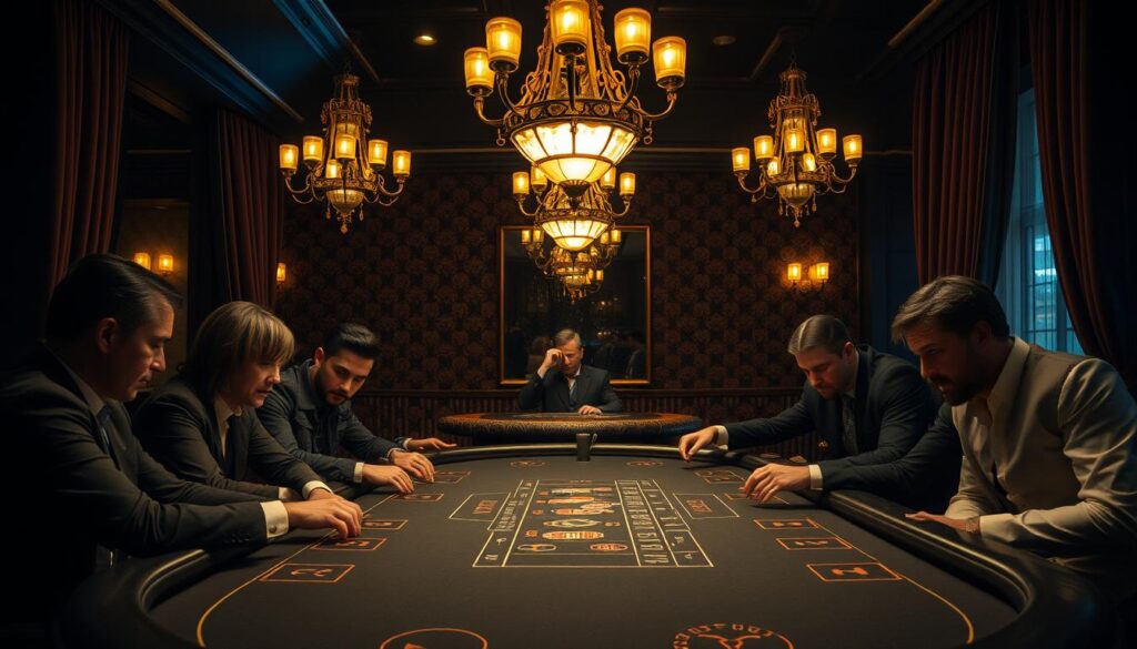 A dimly lit casino interior, with a felt-topped baccarat table prominently displayed in the foreground. Elegant chandeliers cast a warm, golden glow over the scene, creating a sophisticated ambiance. Around the table, attentive players lean in, their expressions focused as they study the cards and chips. In the background, a rich, textured wallpaper adds depth and character, while discreet curtains frame the scene, hinting at the exclusivity of the establishment. The composition emphasizes the game's allure, inviting the viewer to step into this captivating world of strategy and chance.