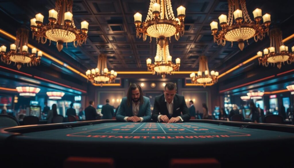 A dimly lit casino interior, with a felt-topped baccarat table prominently featured in the foreground. Elegant chandeliers cast a warm glow over the scene, evoking a sense of sophistication and high-stakes excitement. In the middle ground, smartly dressed players lean intently over the table, deeply engaged in the game. The background is slightly blurred, suggesting the hum of activity and chatter in the rest of the casino. The overall atmosphere is one of intense focus and strategic contemplation, perfectly capturing the essence of "線上百家樂策略".