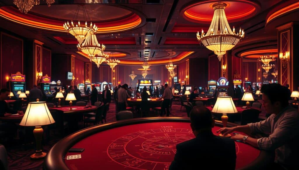 A dimly lit casino interior, with a focus on a baccarat table in the foreground. The table is surrounded by players engaged in intense concentration, their faces illuminated by the soft glow of the table lamps. The middle ground features a panoramic view of the casino floor, where patrons move about, their movements blurred, creating a sense of busy activity. In the background, the rich, warm tones of the casino's decor, including plush carpeting, ornate chandeliers, and gilded accents, set the mood for an atmosphere of high-stakes gaming. The overall scene conveys the importance of timing and strategy in the game of baccarat, as the players carefully analyze their next moves.