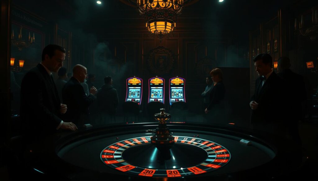 A dimly lit casino interior with a focus on a roulette table in the foreground. The table is surrounded by well-dressed patrons intently watching the spinning wheel. The lighting casts dramatic shadows, creating a moody and atmospheric ambiance. In the middle ground, a few slot machines sit quietly, their screens faintly glowing. The background is hazy, suggesting the presence of cigarette smoke, and the walls are adorned with ornate decor, reinforcing the luxurious and exclusive nature of the establishment. The overall scene conveys a sense of anticipation, excitement, and the thrill of high-stakes gambling.